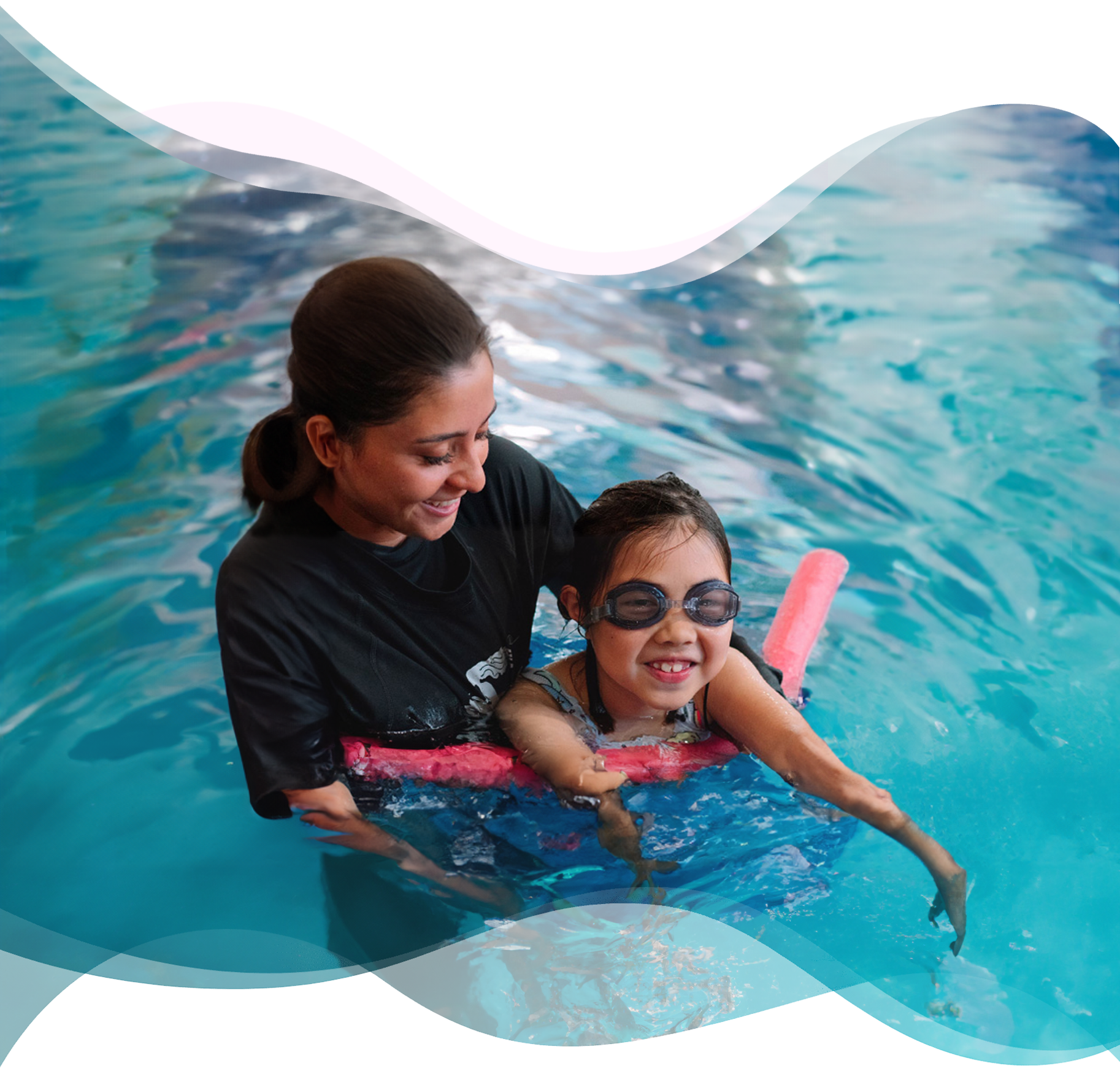 Confident child smiling in the pool during a private swim lesson, with the Nereids swim teacher offering encouragement.