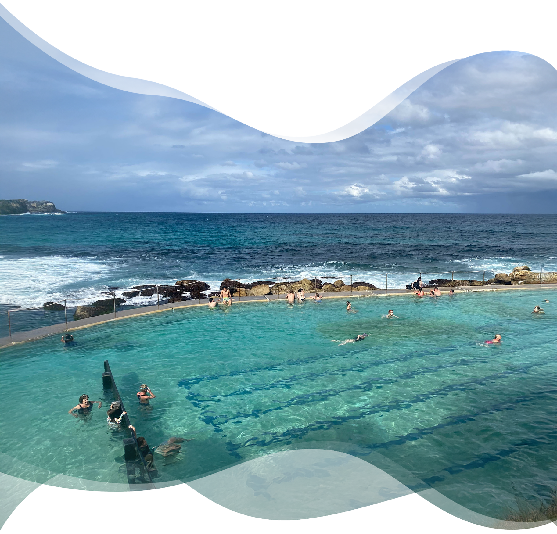Bronte ocean rock pool with swimmers and ocean in the background